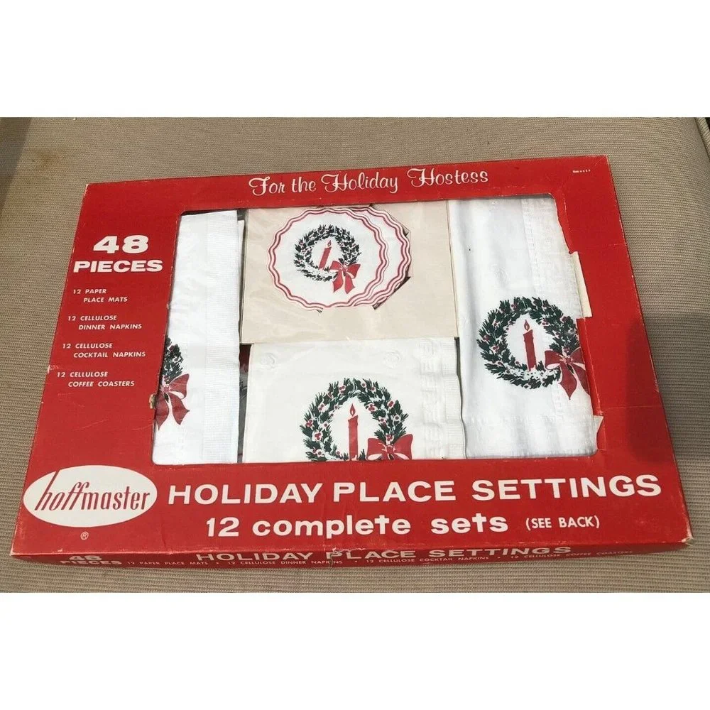 VINTAGE HOFFMASTER CHRISTMAS NAPKINS PLACEMATS COASTERS IN ORIGINAL BOX 1962